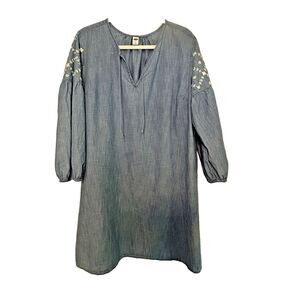Old Navy Blue Chambray Dress L Embroidery Tassels Tie Beachy Boho Cottage‎